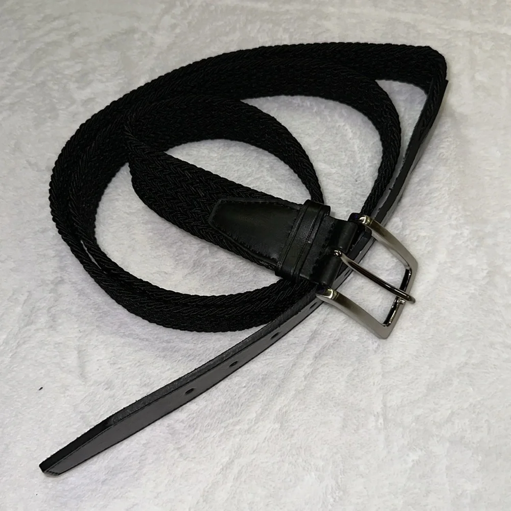 Black Stretch Belt w Leather Accents Silver Buckle Age 54/56